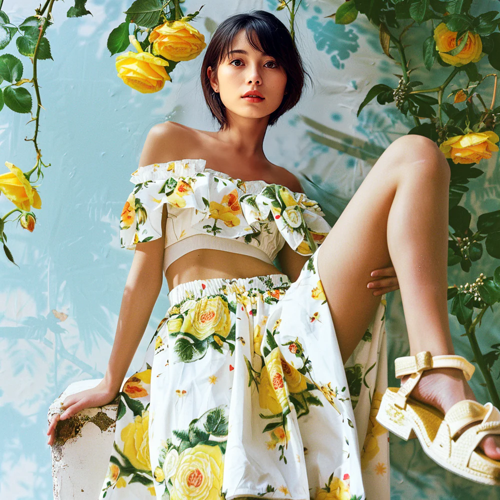 Floral off-shoulder top and skirt set (sample item & worn on SNS)